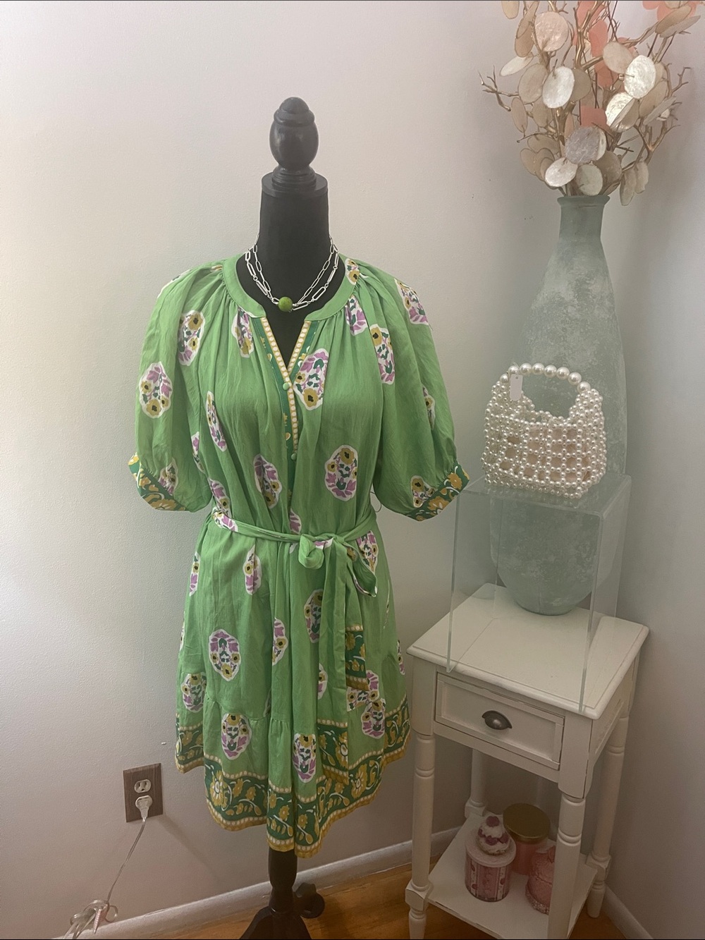 Umgee Lime Green Printed Short Sleeve Belted Mini Dress